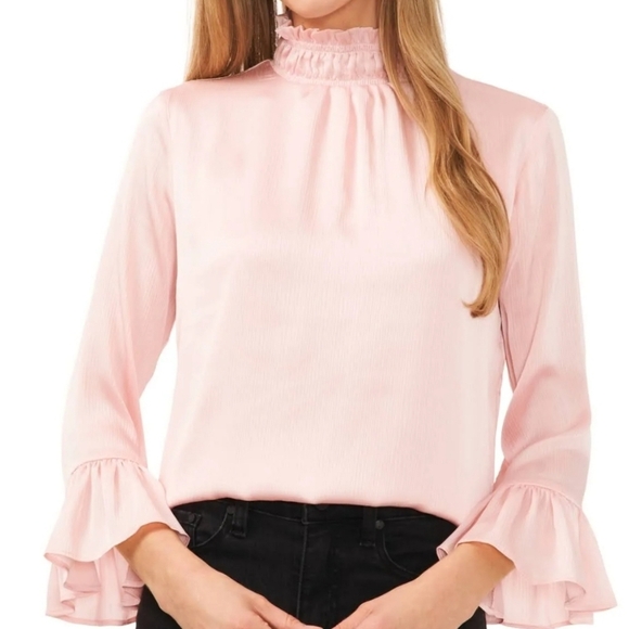 CeCe Tops - CeCe Ruffled 3/4 Flutter Sleeve Mock Neck Blouse in Pink Rose Pearl Womens Small